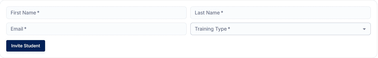 Invite student form with name, email, and training type