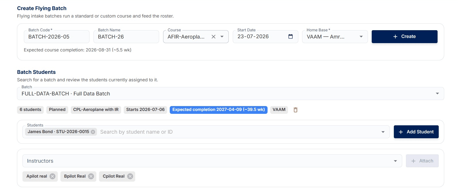 Create flying batch and assign students and instructors